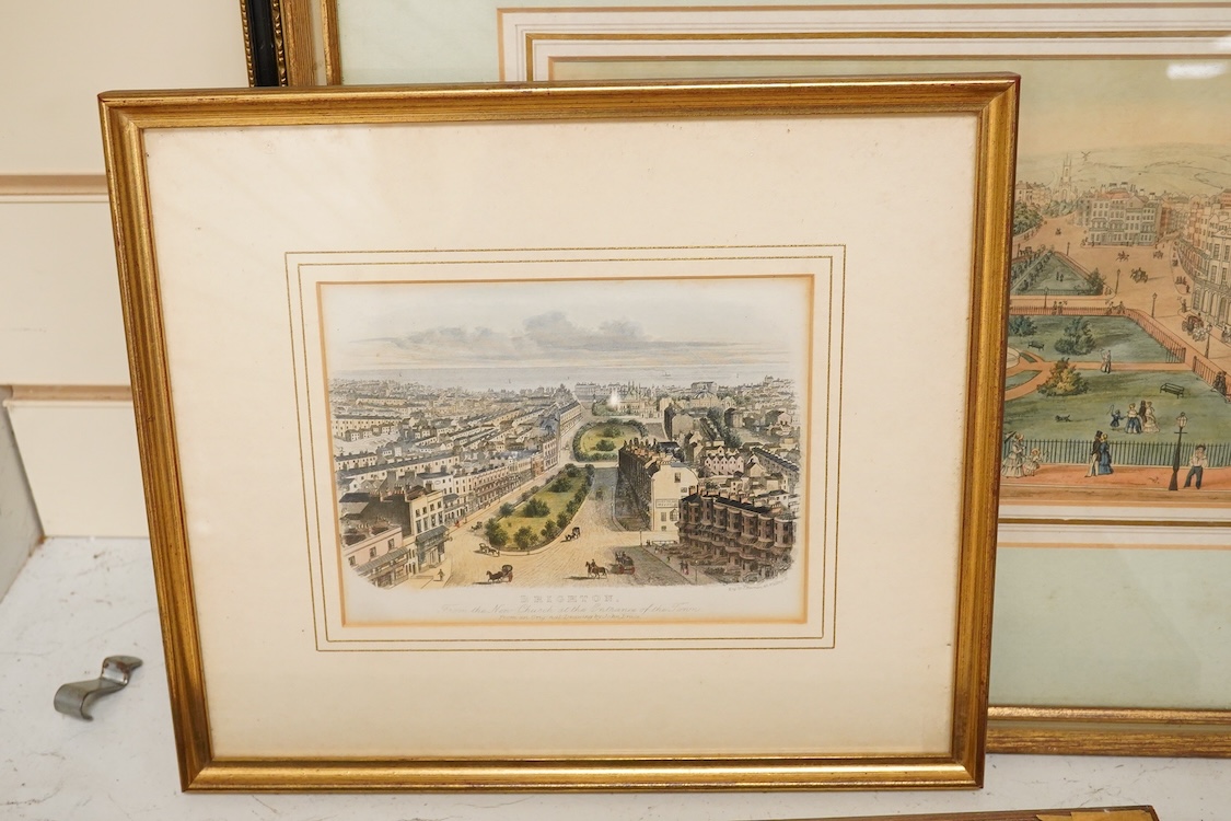 A collection of Brighton interest prints, 19th century and later to include: the Interior of The Newmarket Place, The Parish Church, Brighton and Brighton Town Hall and Market, largest 20 x 30cm, each framed
